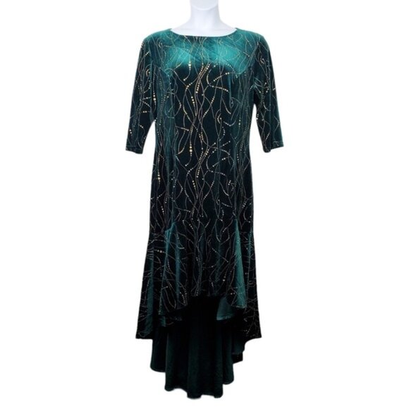Ever Pretty Womens Green Velvet Metallic Gold High Low Bodycon Dress Size 20 NWT - Picture 1 of 8
